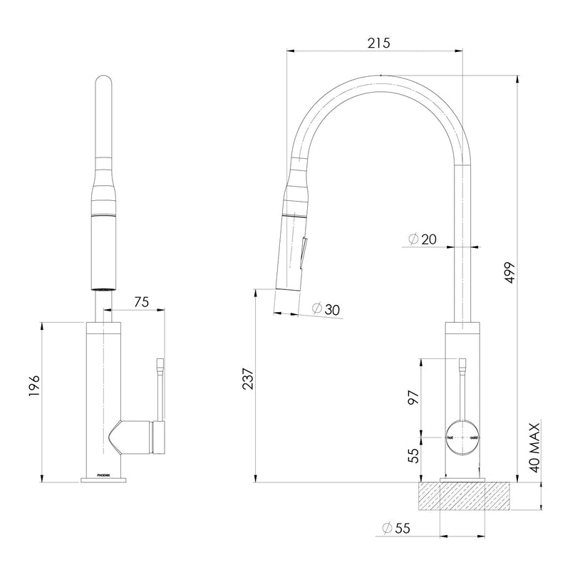 Phoenix Deja Pull Out Sink Mixer 220mm - Matte Black