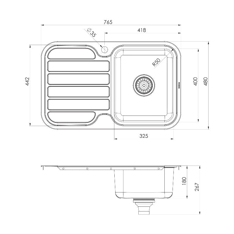 Phoenix 1000 Series Single Right Hand Bowl Sink with Drainer - Stainless Steel