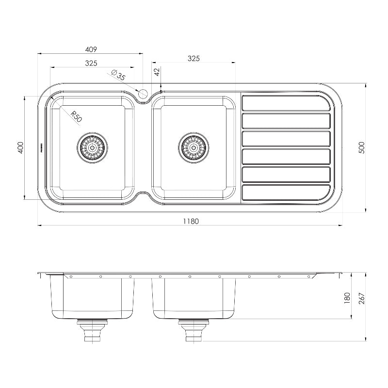 Phoenix 1000 Series Double Left Hand Bowl Sink with Drainer - Stainless Steel