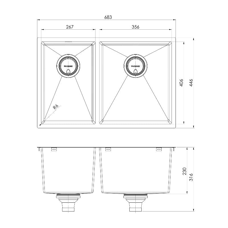 Phoenix 4000 Series 1 and 3/4 Right Hand Bowl Sink - Stainless Steel