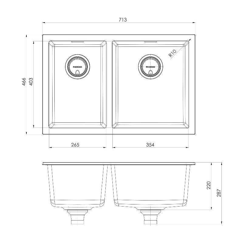 Phoenix 5000 Series 1 and 3/4 Right Hand Bowl Sink - Matte White