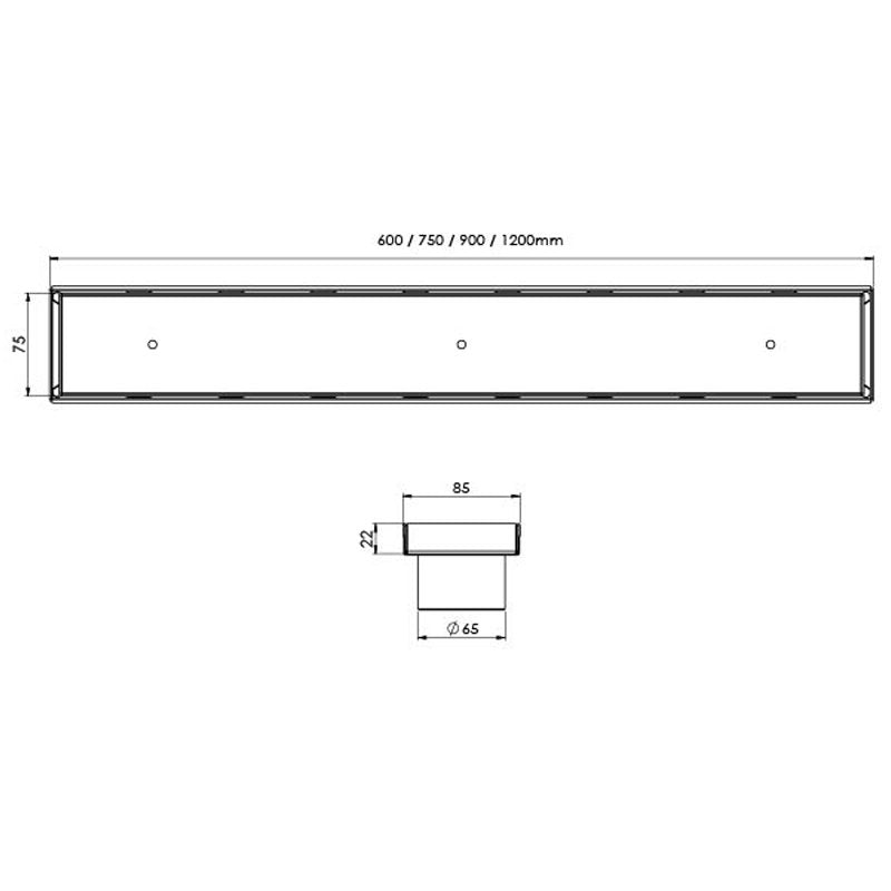 Phoenix Flat Channel 75mm Tile Insert Drain 65mm Outlet - Stainless Steel