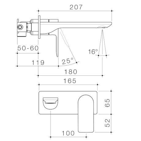 Caroma Urbane II Wall Basin/Bath Mixer Square Plate - Brushed Brass