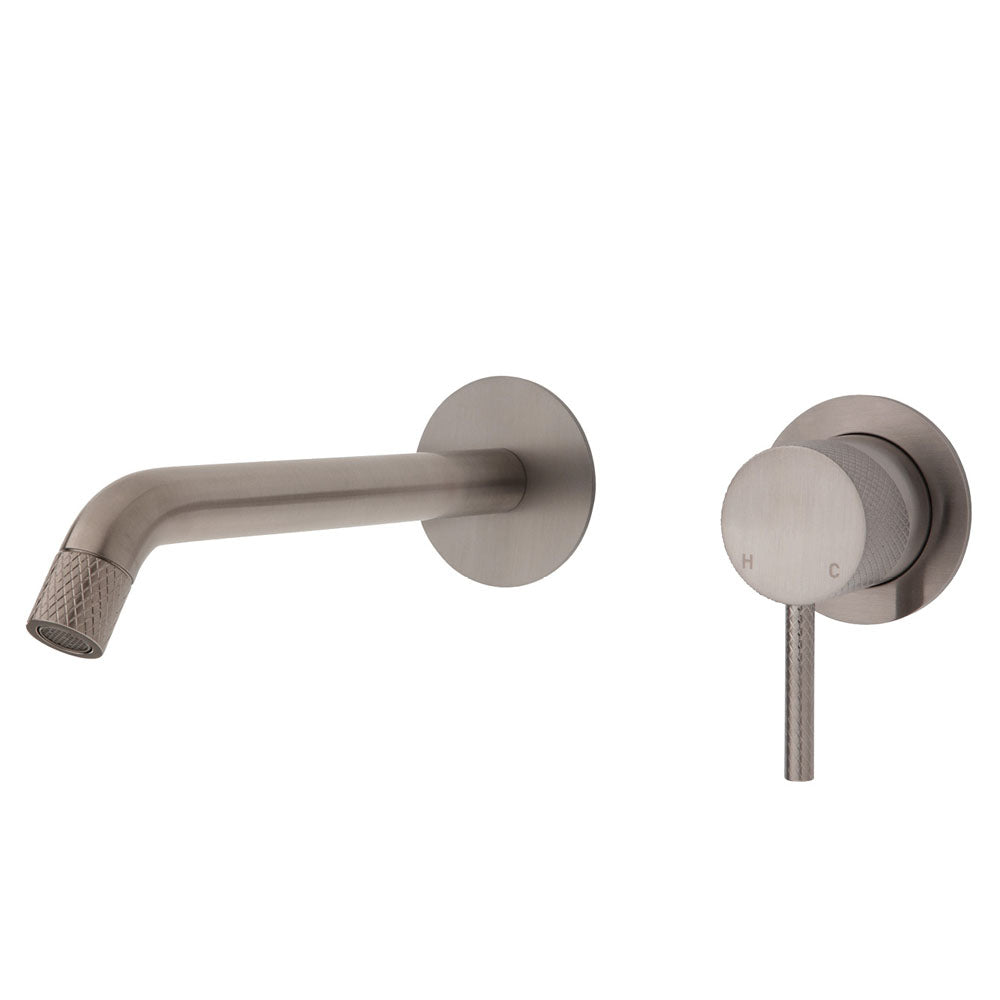 Fienza Axle Wall Basin/Bath Mixer Set - Brushed Nickel - Small Round Plates - 200mm Outlet