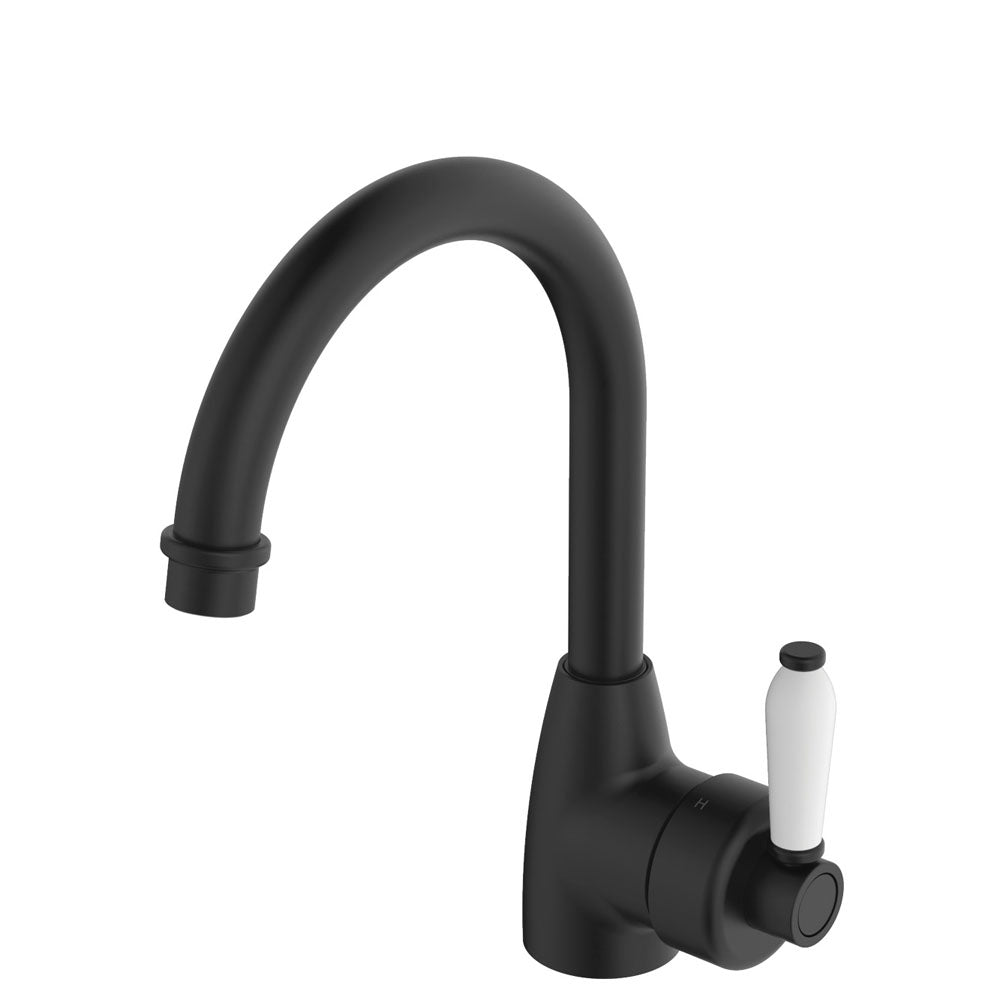 Fienza Eleanor Gooseneck Basin Mixer - Matte Black / Ceramic