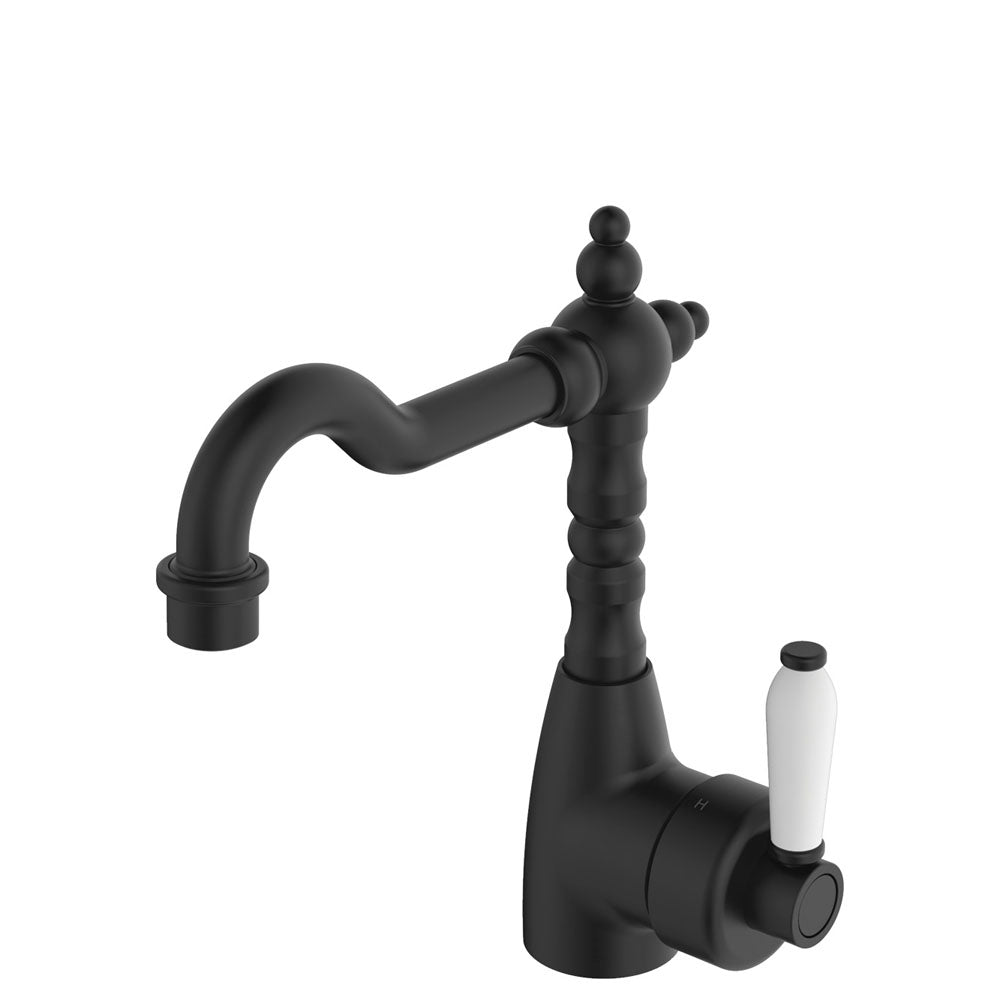 Fienza Eleanor Shepherds Crook Basin Mixer - Matte Black / Ceramic