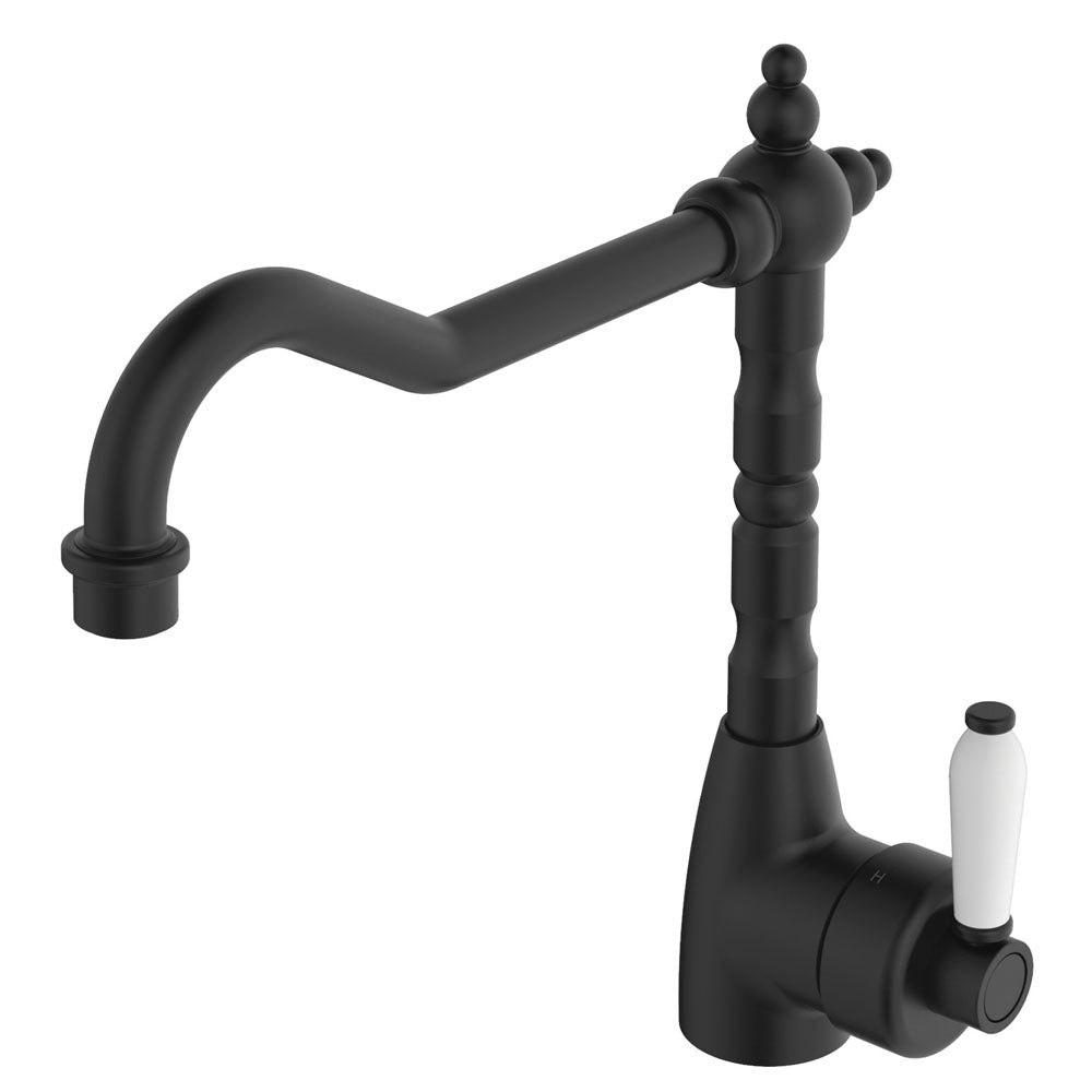 Fienza Eleanor Shepherds Crook Sink Mixer - Matte Black / Ceramic