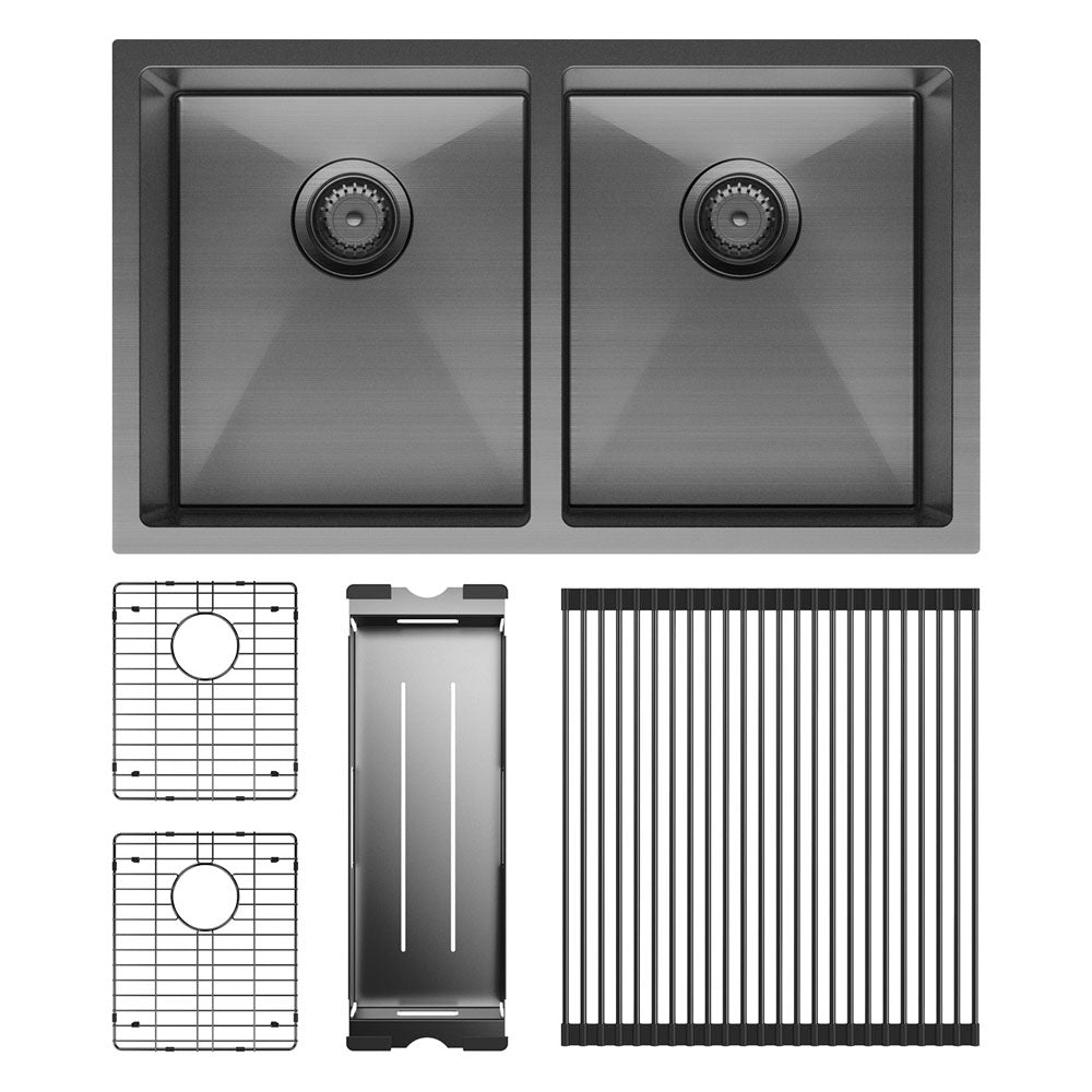 Fienza Hana 27L/27L Double Kitchen Sink Kit - PVD Carbon Metal