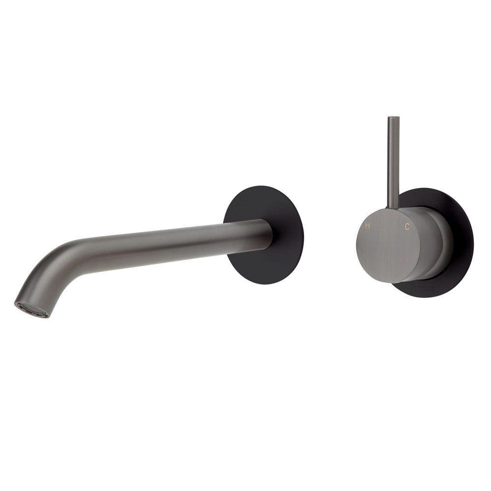 Fienza Kaya Up Wall Basin/Bath Mixer Set - Gun Metal - Matte Black Round Plates - 200mm Outlet