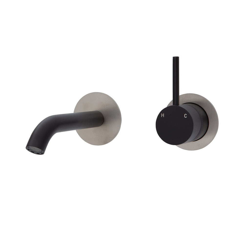 Fienza Kaya Up Wall Basin/Bath Mixer Set - Matte Black - Brushed Nickel Round Plates - 160mm Outlet