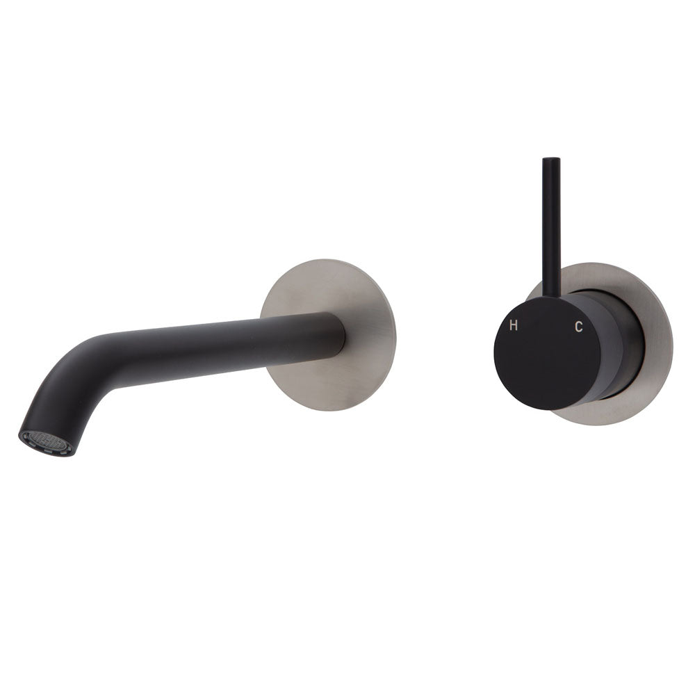 Fienza Kaya Up Wall Basin/Bath Mixer Set - Matte Black - Brushed Nickel Round Plates - 200mm Outlet