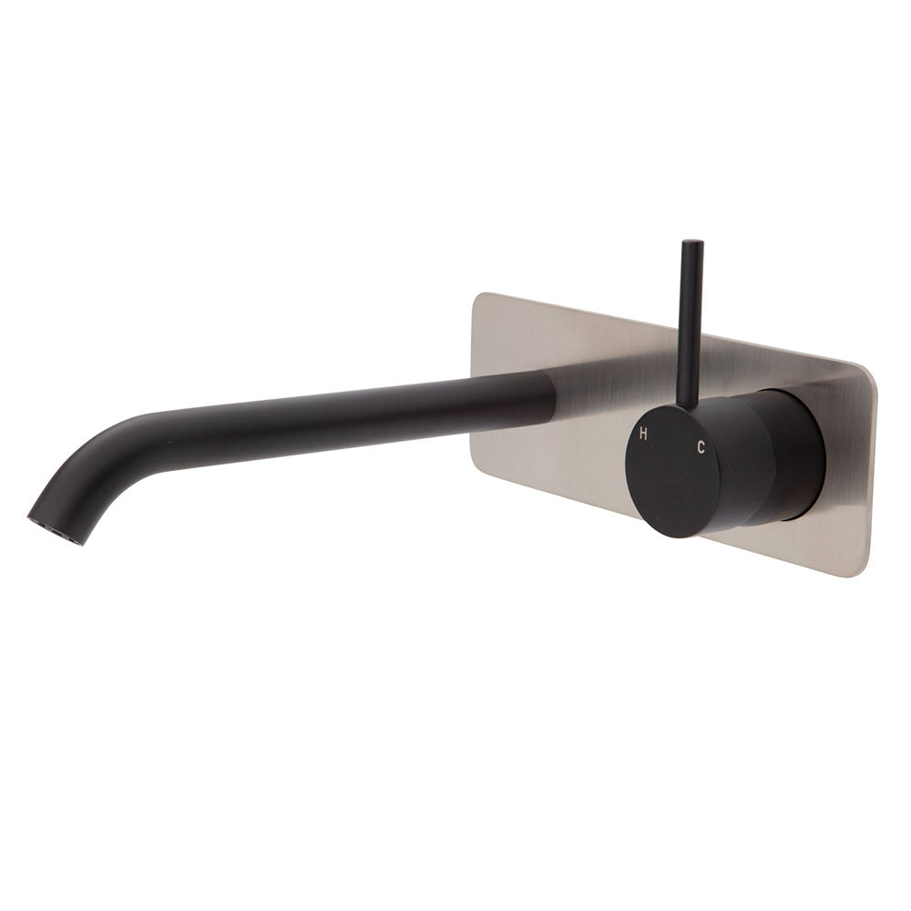 Fienza Kaya Up Wall Basin/Bath Mixer Set - Matte Black - Brushed Nickel Square Plate - 200mm Outlet