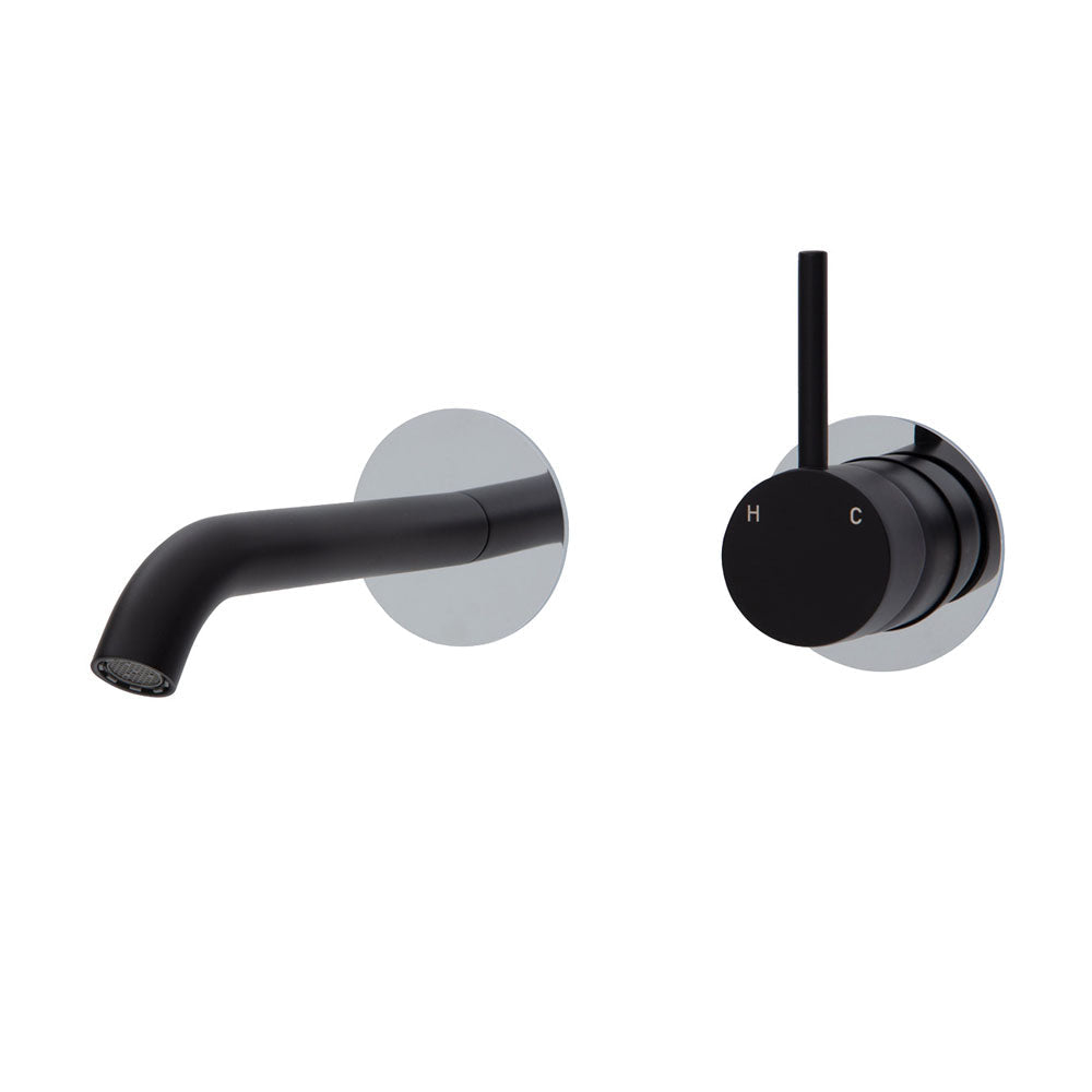 Fienza Kaya Up Wall Basin/Bath Mixer Set - Matte Black - Chrome Round Plates - 160mm Outlet