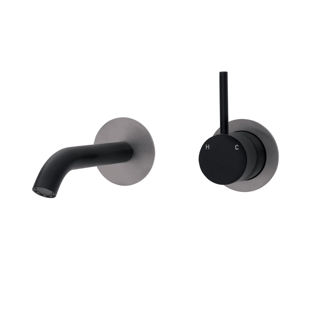 Fienza Kaya Up Wall Basin/Bath Mixer Set - Matte Black - Gun Metal Round Plates - 160mm Outlet