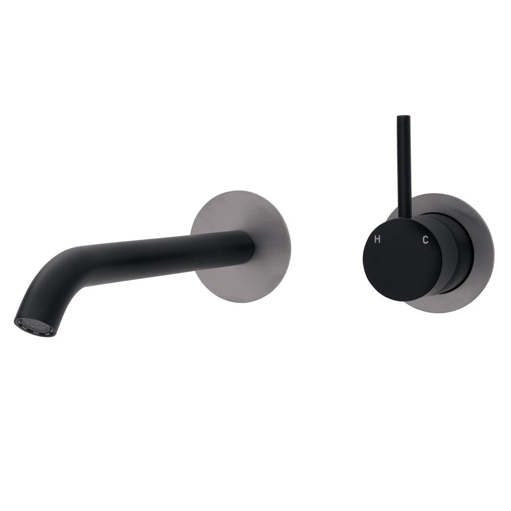 Fienza Kaya Up Wall Basin/Bath Mixer Set - Matte Black - Gun Metal Round Plates - 200mm Outlet