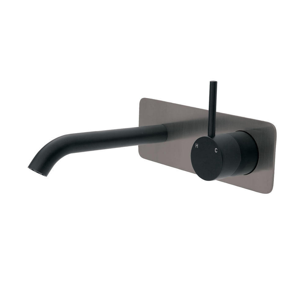 Fienza Kaya Up Wall Basin/Bath Mixer Set - Matte Black - Gun Metal Square Plate - 160mm Outlet