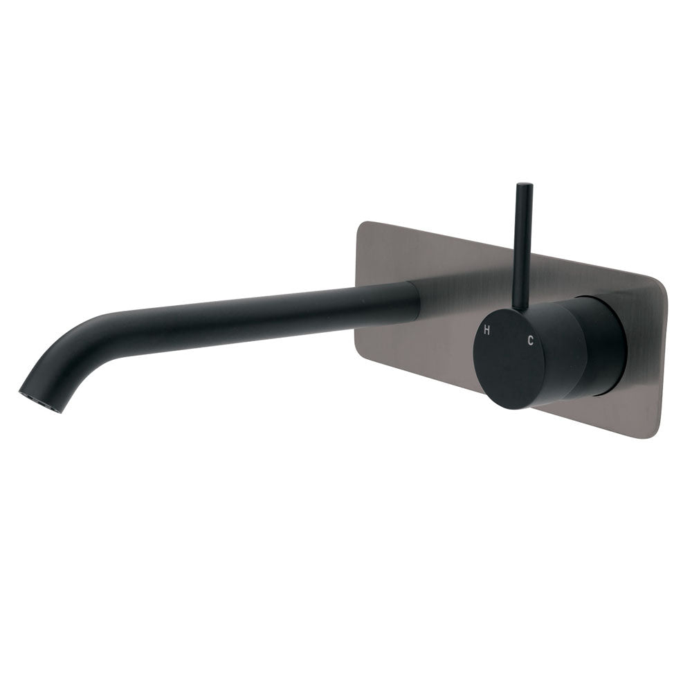 Fienza Kaya Up Wall Basin/Bath Mixer Set - Matte Black - Gun Metal Square Plate - 200mm Outlet