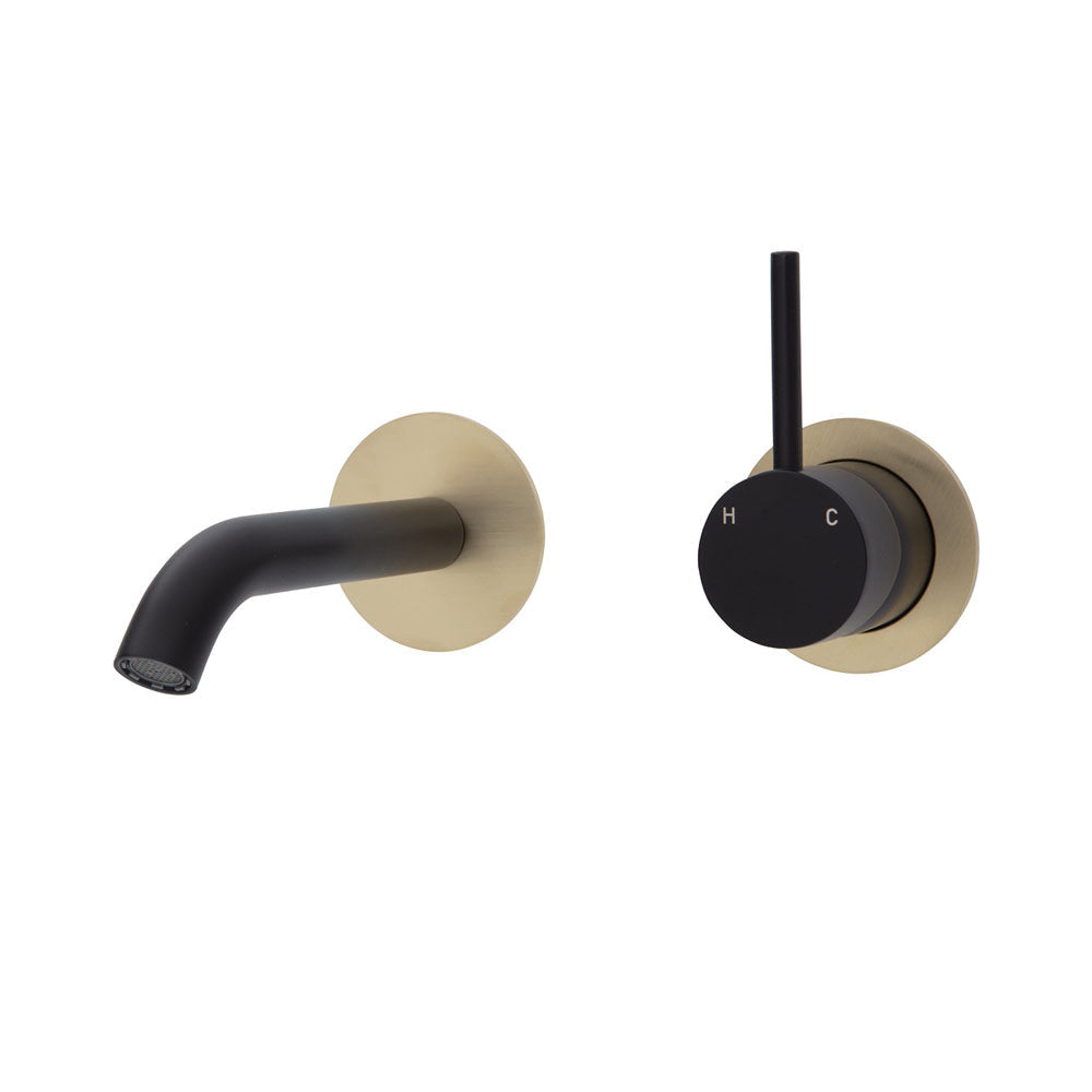 Fienza Kaya Up Wall Basin/Bath Mixer Set - Matte Black - Urban Brass Round Plates - 160mm Outlet