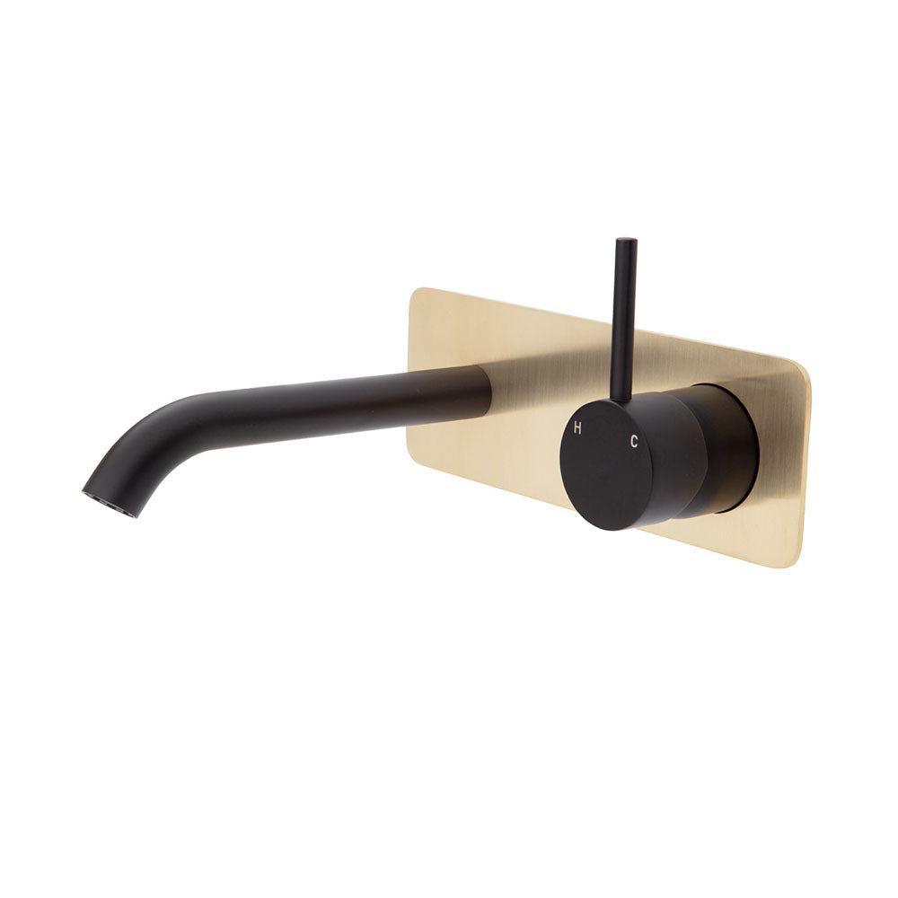 Fienza Kaya Up Wall Basin/Bath Mixer Set - Matte Black - Urban Brass Square Plate - 160mm Outlet