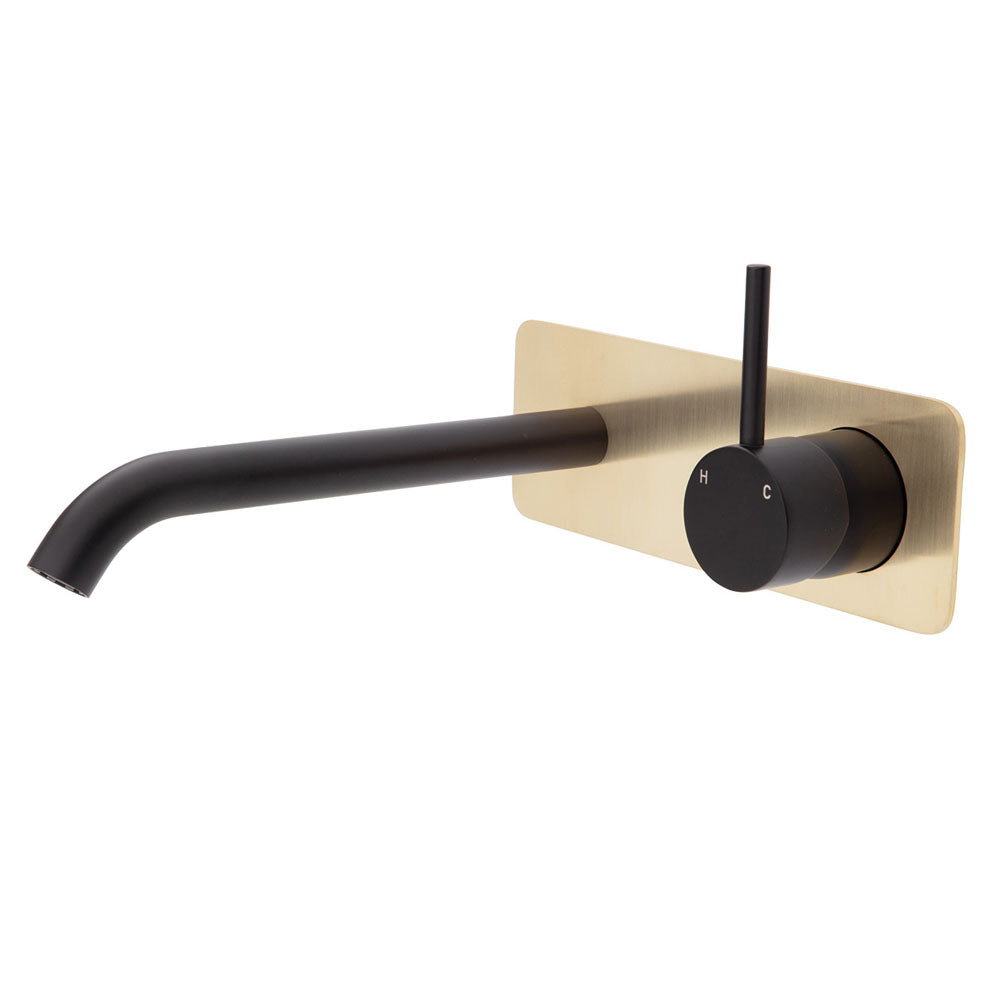 Fienza Kaya Up Wall Basin/Bath Mixer Set - Matte Black - Urban Brass Square Plate - 200mm Outlet