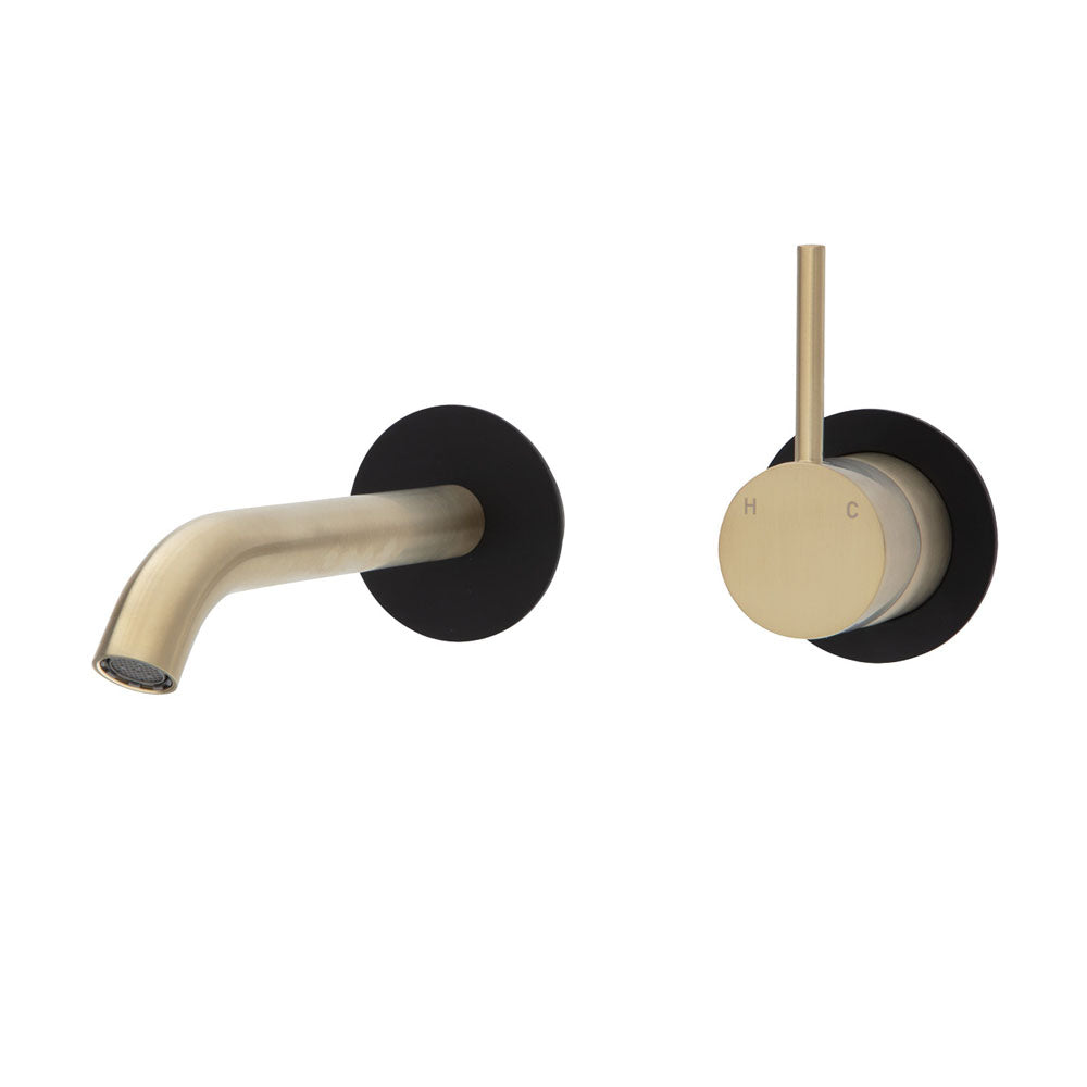 Fienza Kaya Up Wall Basin/Bath Mixer Set - Urban Brass - Matte Black Round Plates - 160mm Outlet