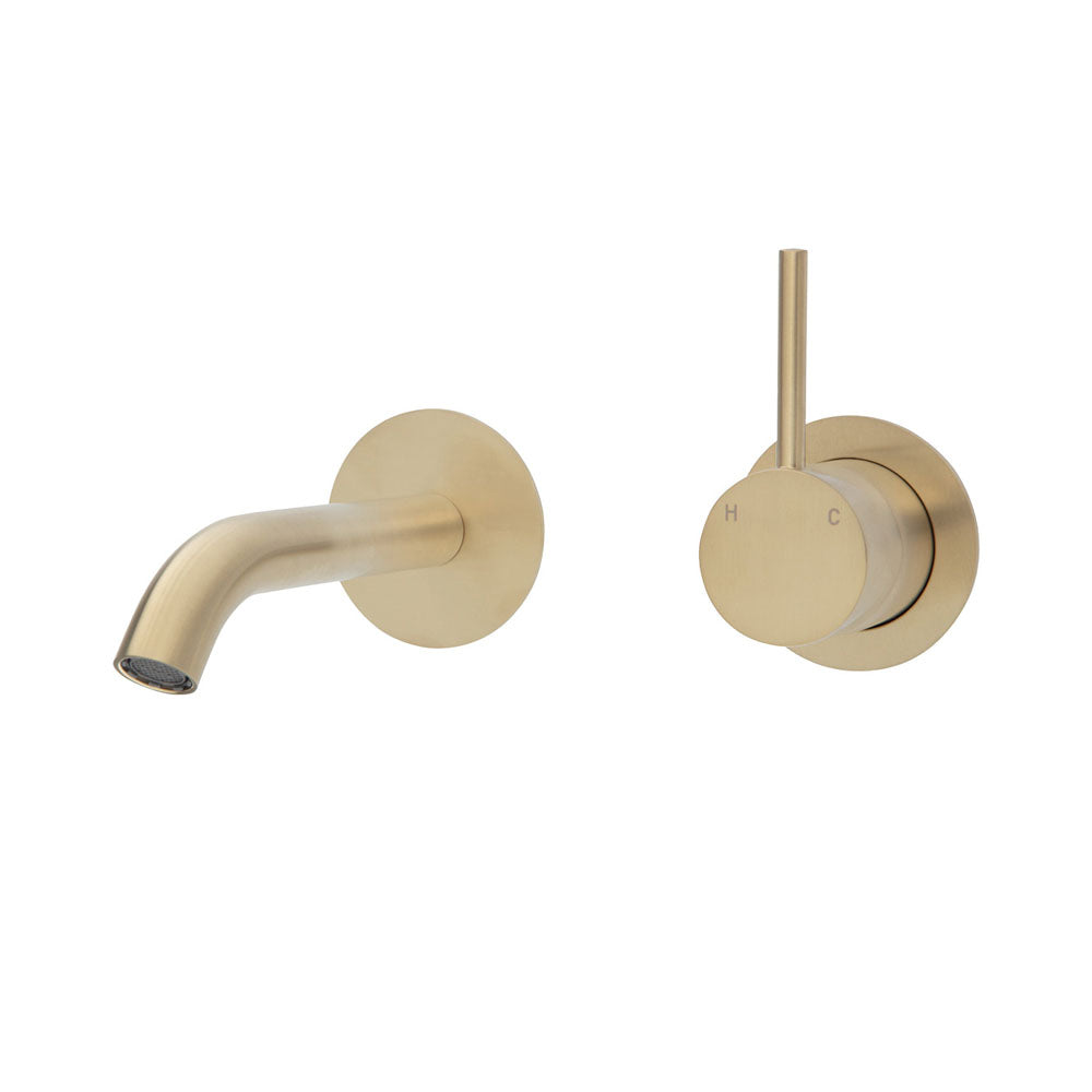 Fienza Kaya Up Wall Basin/Bath Mixer Set - Urban Brass - Round Plates - 160mm Outlet