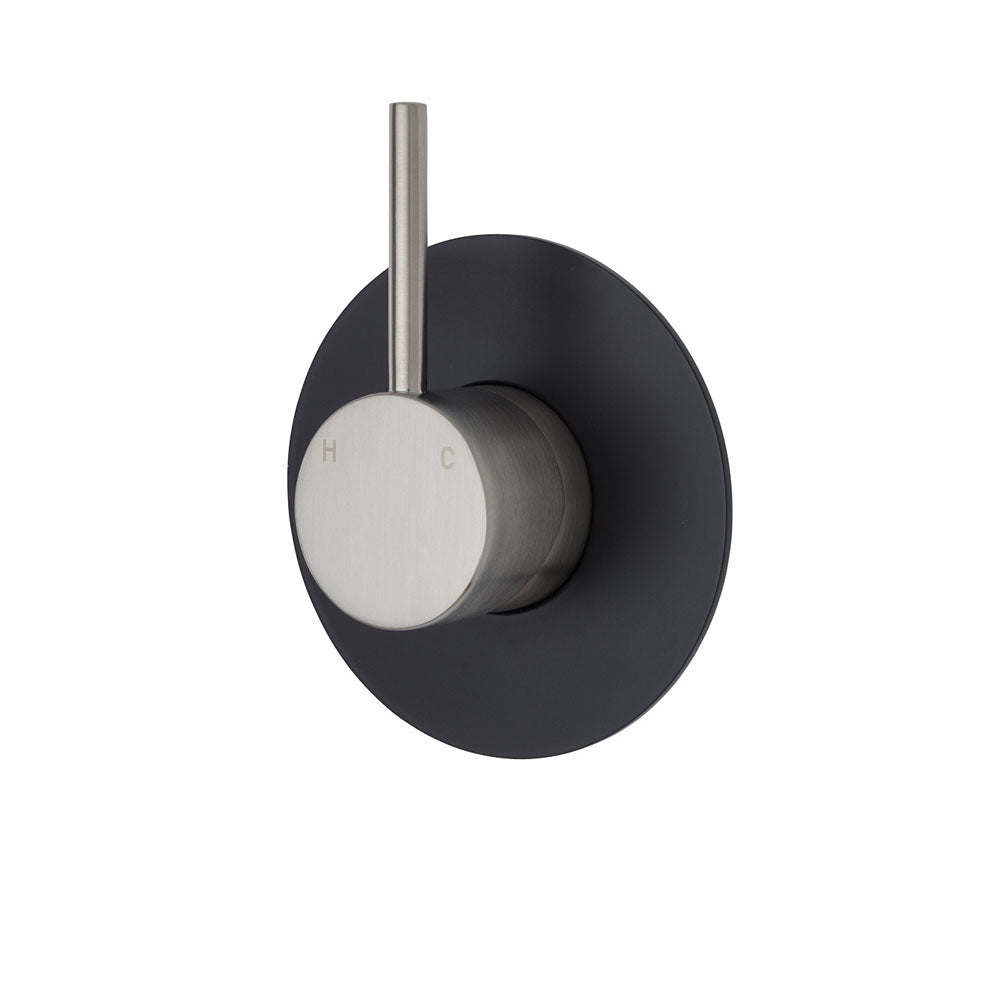 Fienza Kaya Up Wall Mixer - Brushed Nickel - Large Round Matte Black Plate