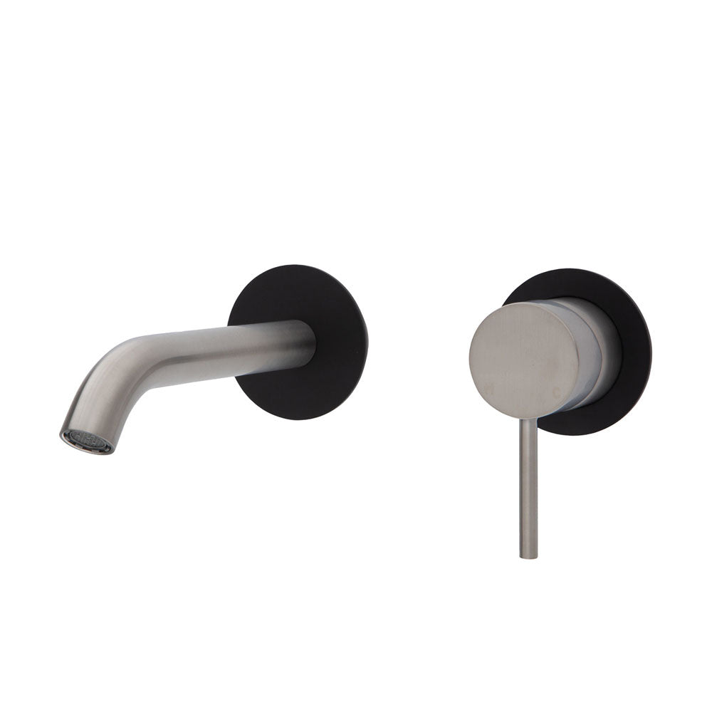 Fienza Kaya Wall Basin/Bath Mixer Set - Brushed Nickel - Matte Black Round Plates - 160mm Outlet