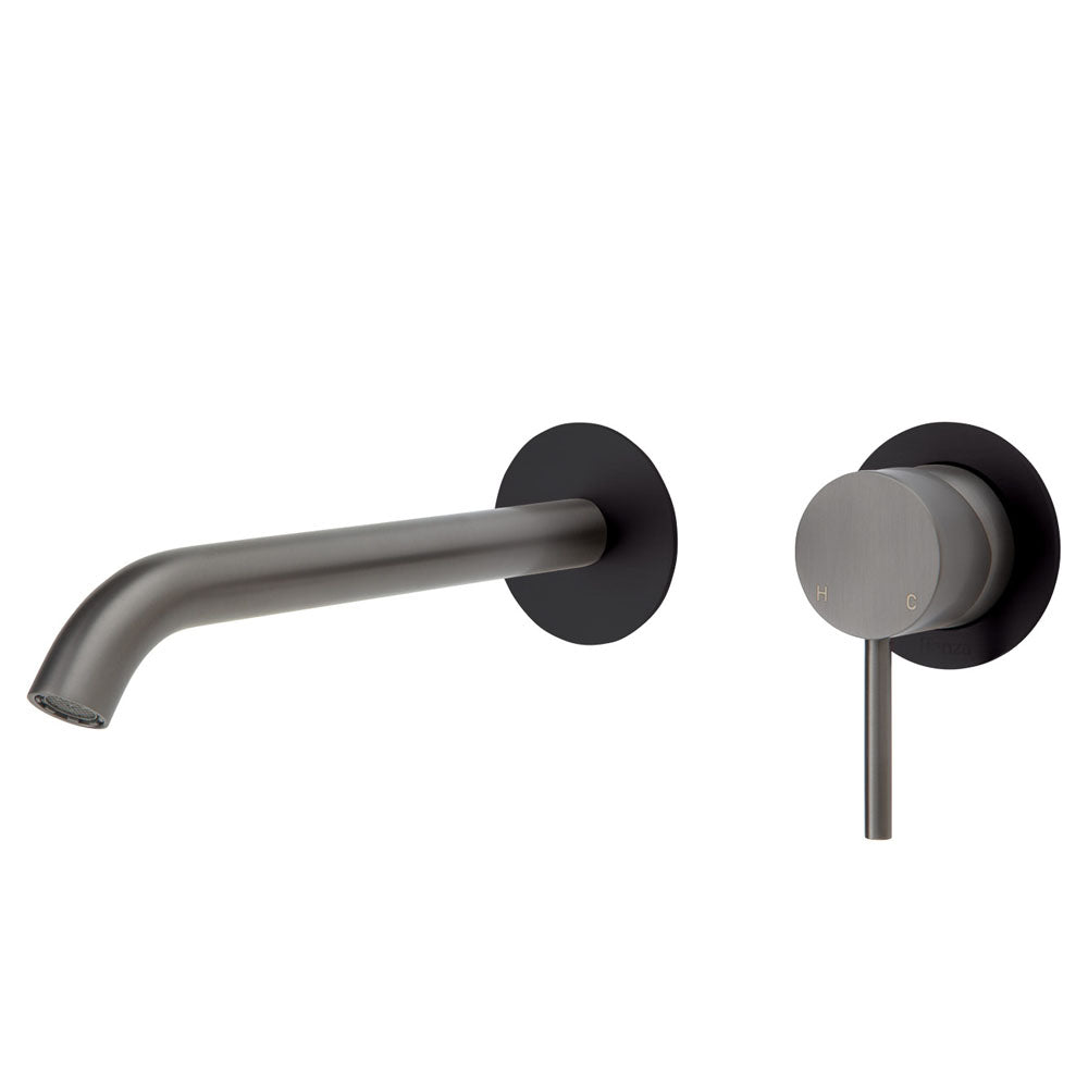 Fienza Kaya Wall Basin/Bath Mixer Set - Gun Metal - Matte Black Round Plates - 200mm Outlet