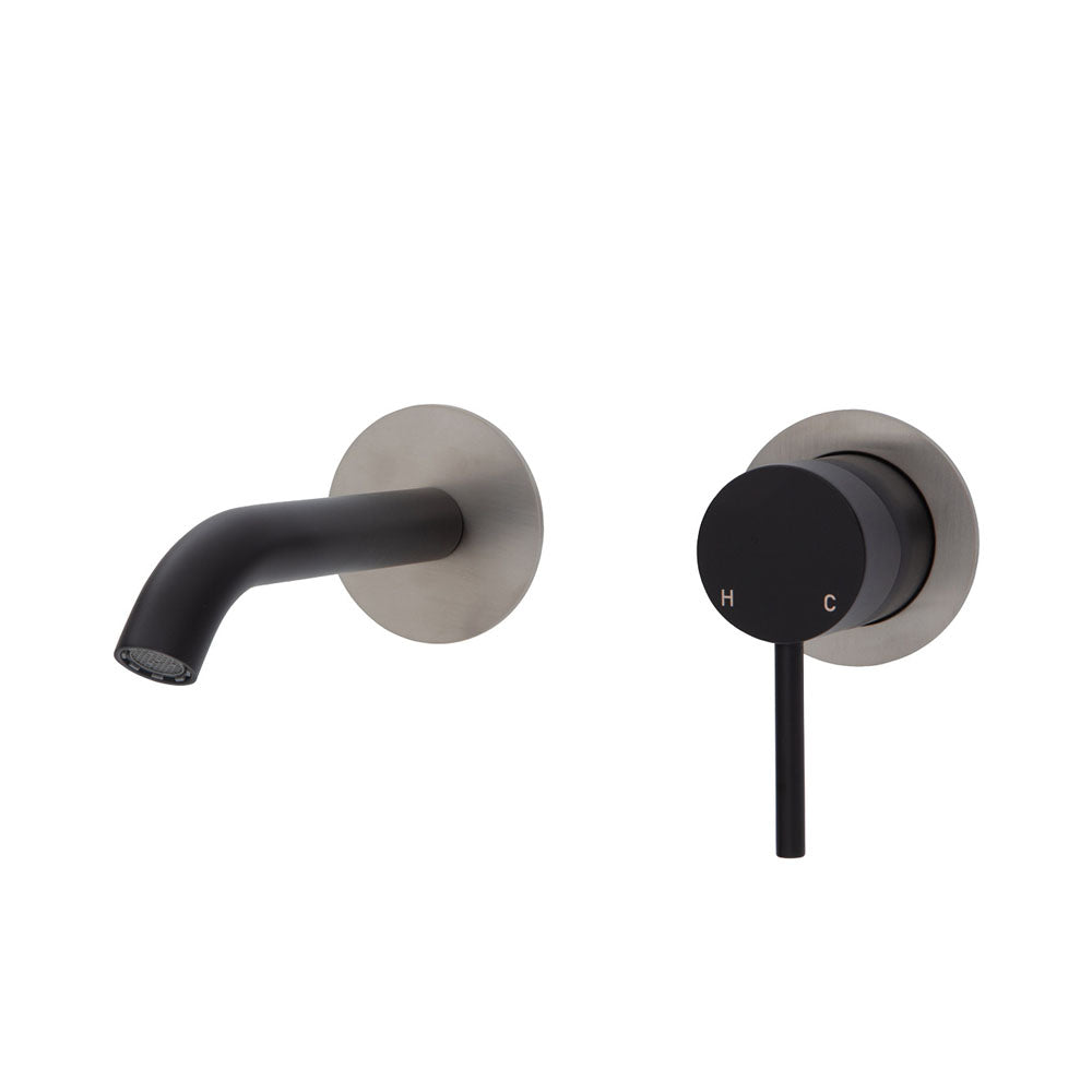 Fienza Kaya Wall Basin/Bath Mixer Set - Matte Black - Brushed Nickel Round Plates - 160mm Outlet