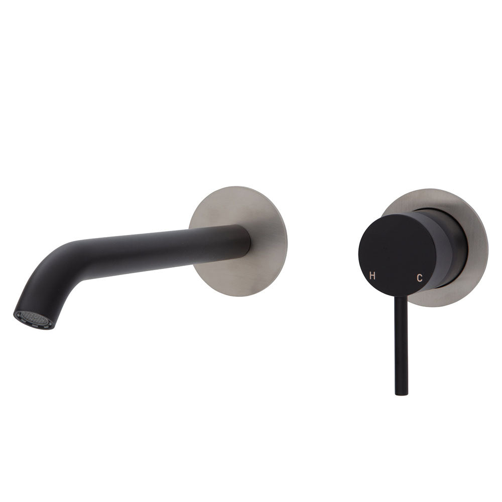 Fienza Kaya Wall Basin/Bath Mixer Set - Matte Black - Brushed Nickel Round Plates - 200mm Outlet