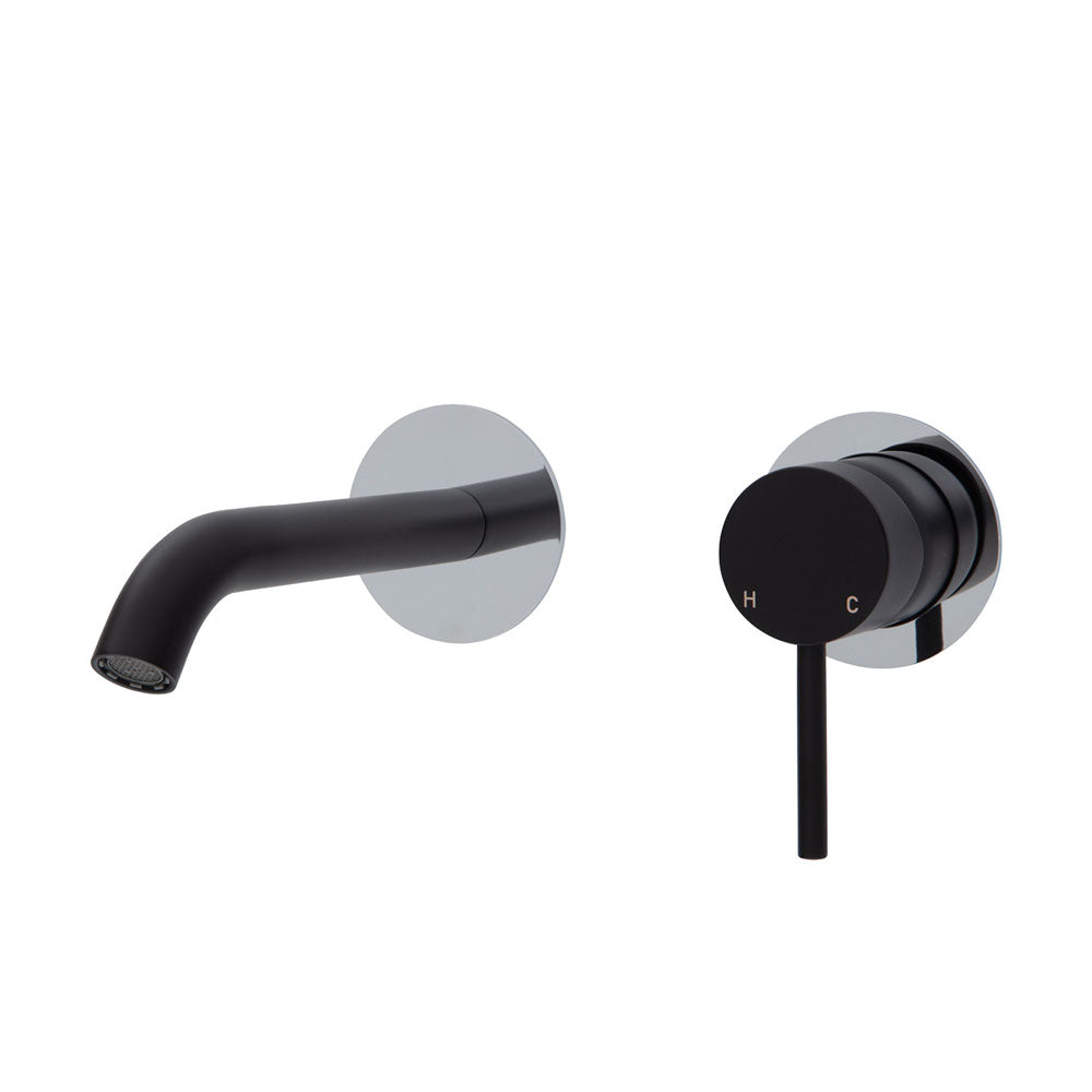 Fienza Kaya Wall Basin/Bath Mixer Set - Matte Black - Chrome Round Plates - 160mm Outlet