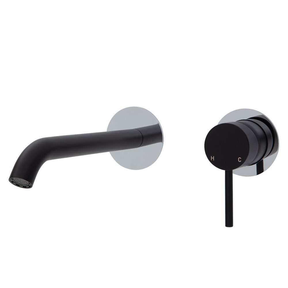 Fienza Kaya Wall Basin/Bath Mixer Set - Matte Black - Chrome Round Plates - 200mm Outlet