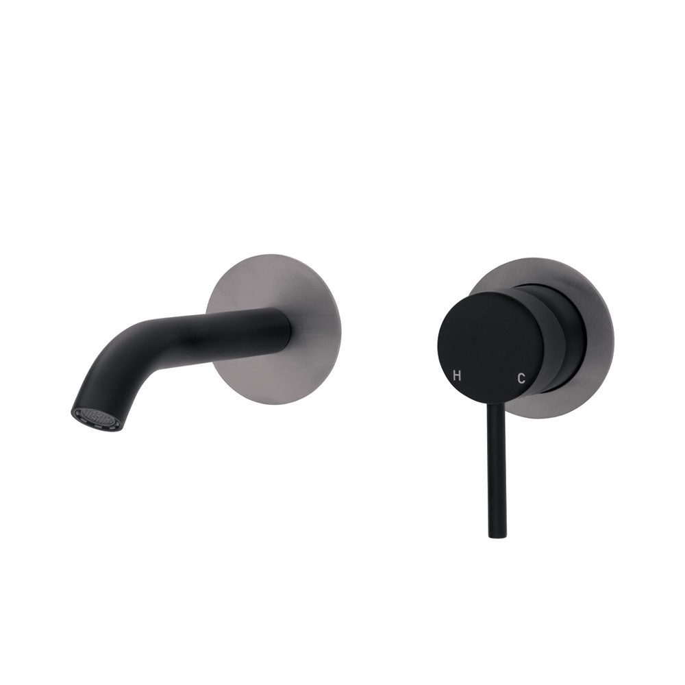 Fienza Kaya Wall Basin/Bath Mixer Set - Matte Black - Gun Metal Round Plates - 160mm Outlet