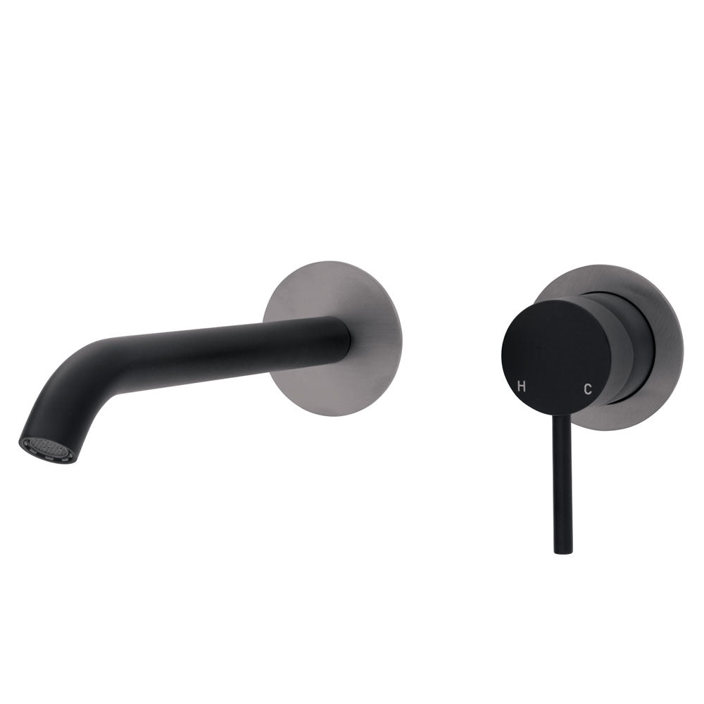 Fienza Kaya Wall Basin/Bath Mixer Set - Matte Black - Gun Metal Round Plates - 200mm Outlet