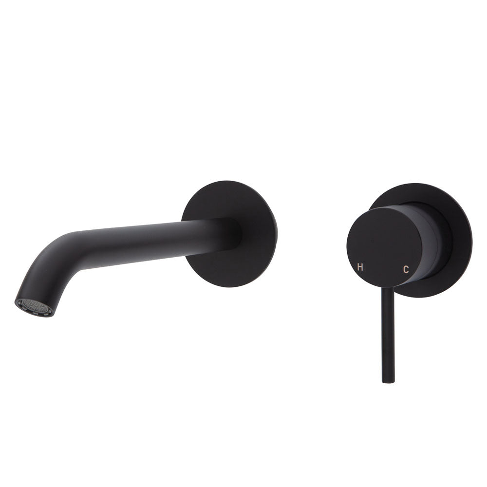 Fienza Kaya Wall Basin/Bath Mixer Set - Matte Black - Round Plates - 200mm Outlet