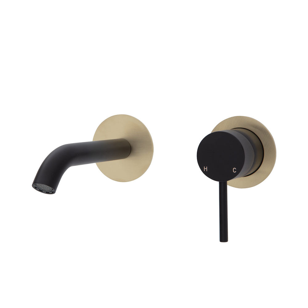 Fienza Kaya Wall Basin/Bath Mixer Set - Matte Black - Urban Brass Round Plates - 160mm Outlet