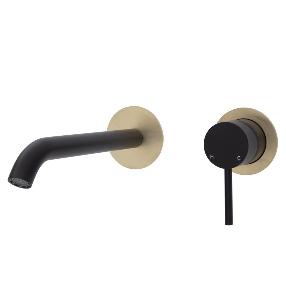 Fienza Kaya Wall Basin/Bath Mixer Set - Matte Black - Urban Brass Round Plates - 200mm Outlet