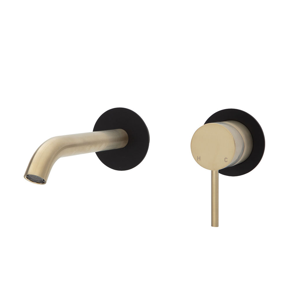 Fienza Kaya Wall Basin/Bath Mixer Set - Urban Brass - Matte Black Round Plates - 160mm Outlet