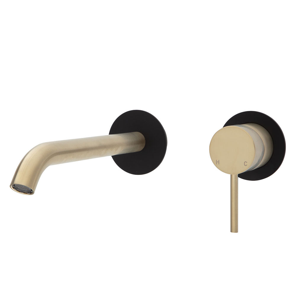 Fienza Kaya Wall Basin/Bath Mixer Set - Urban Brass - Matte Black Round Plates - 200mm Outlet