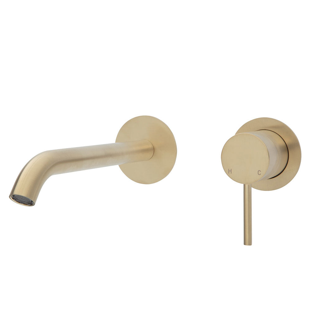 Fienza Kaya Wall Basin/Bath Mixer Set - Urban Brass - Round Plates - 200mm Outlet