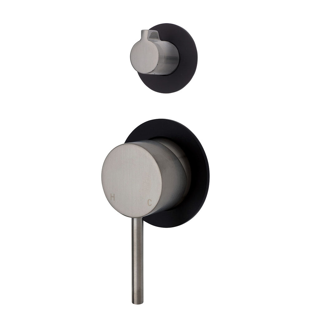 Fienza Kaya Wall Diverter Mixer - Brushed Nickel - Small Round Matte Black Plates