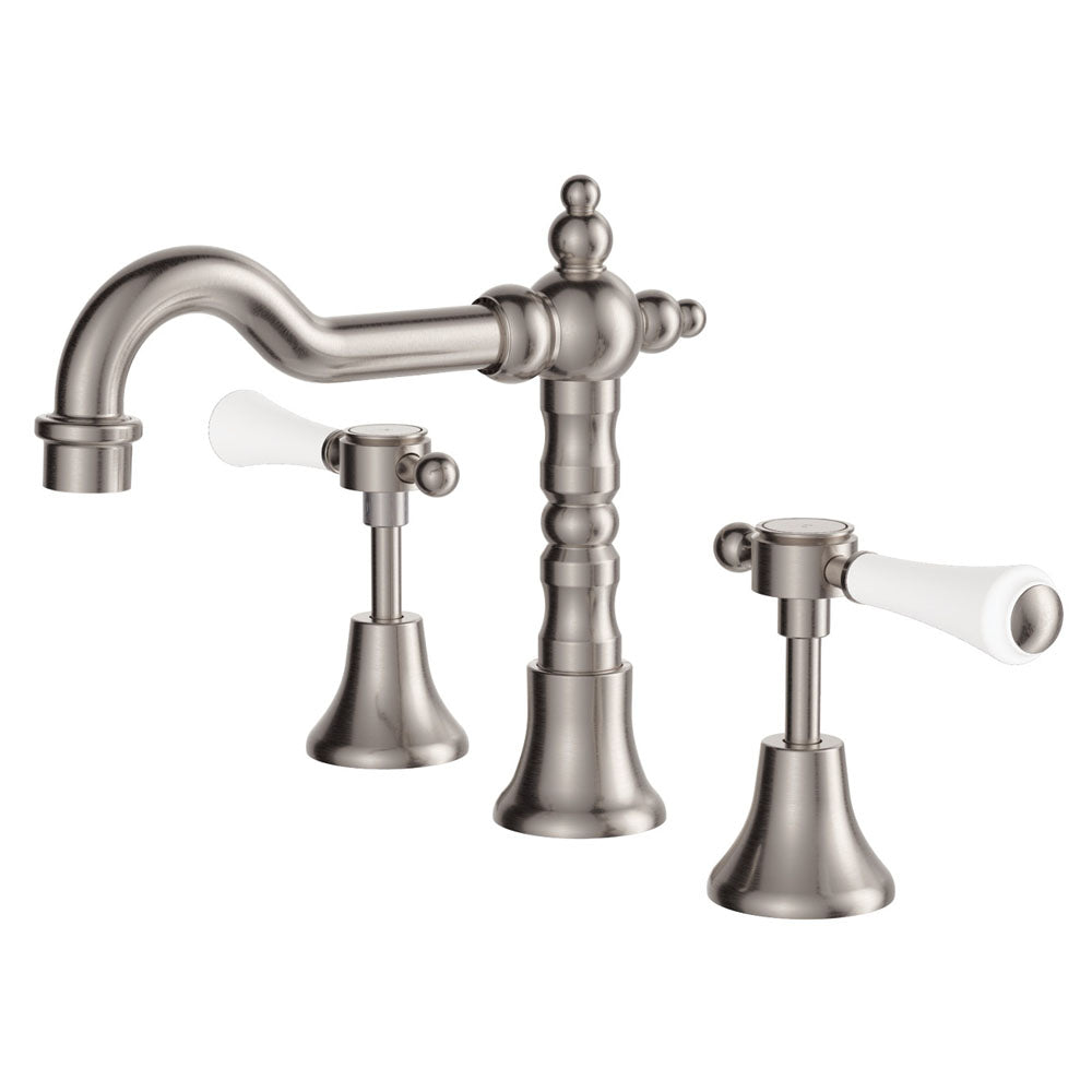 Fienza Lillian Lever Basin Set - Brushed Nickel with Ceramic White Handle