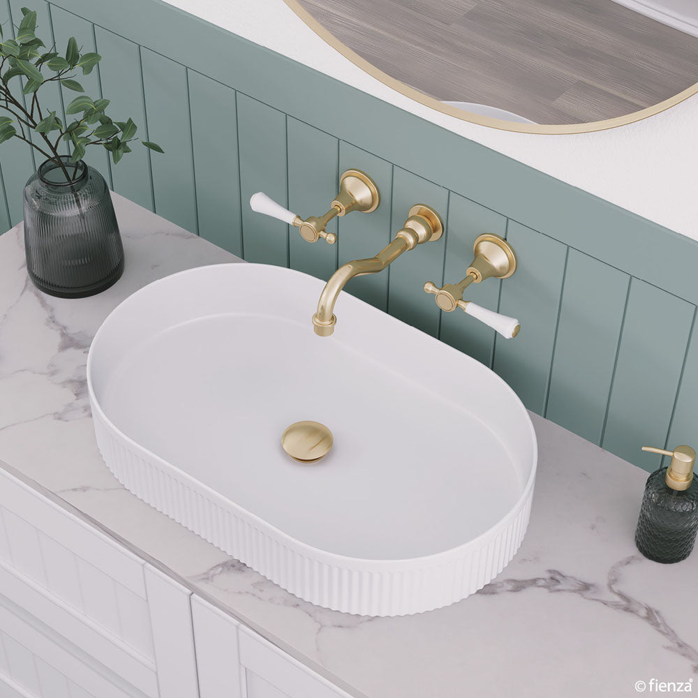 Fienza Lillian Lever Basin Set - Urban Brass with Ceramic White Handle