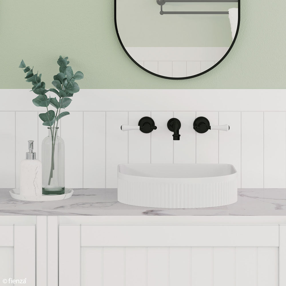 Fienza Lillian Lever Basin/Bath Wall Set - Matte Black with Ceramic White Handle