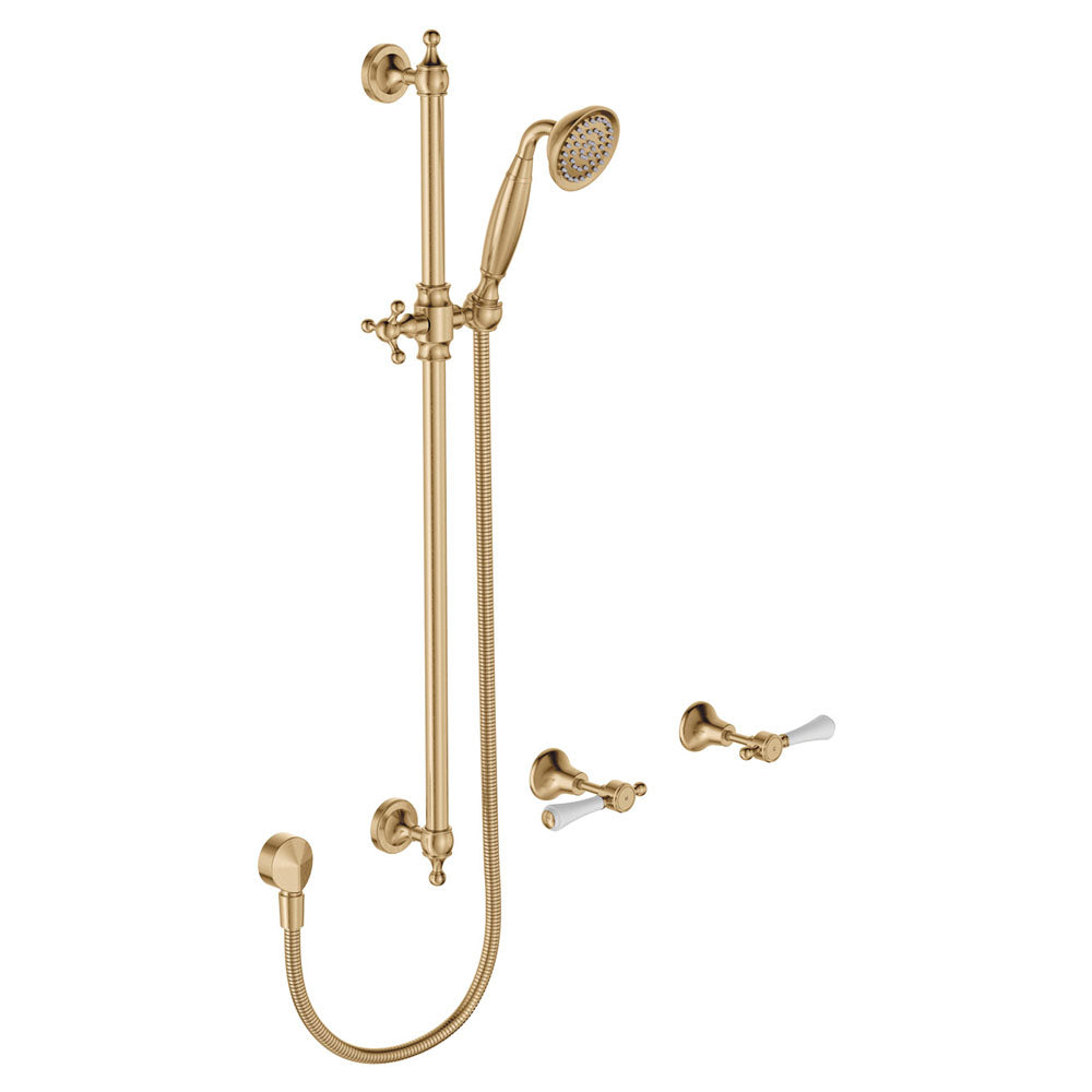 Fienza Lillian Lever Rail Shower Set - Urban Brass with Ceramic White Handle