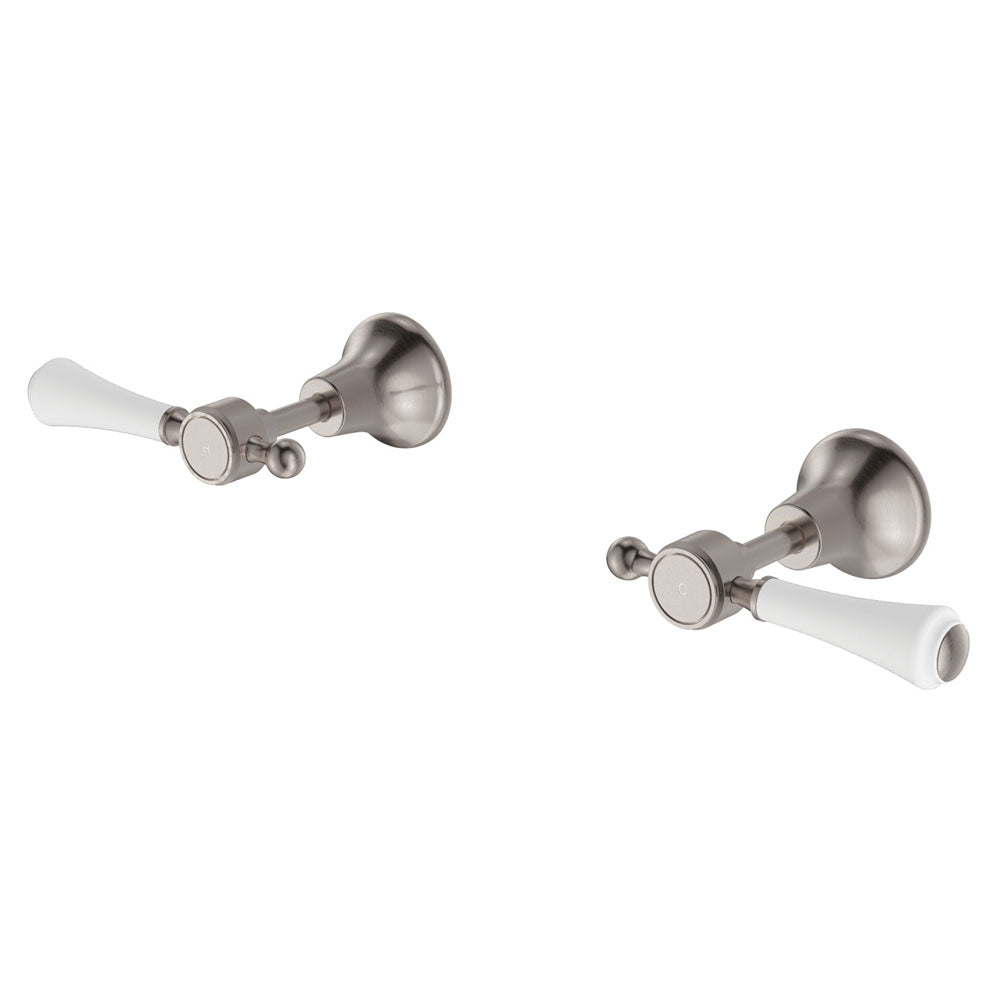 Fienza Lillian Lever Wall Top Assemblies - Brushed Nickel with Ceramic White Handle