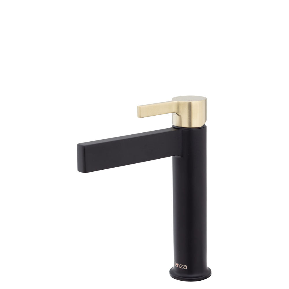 Fienza Sansa Basin Mixer - Matte Black With Urban Brass Handle