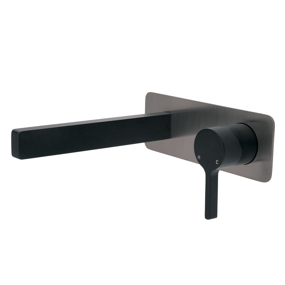 Fienza Sansa Wall Basin Mixer Set - Matte Black - Gun Metal Plate