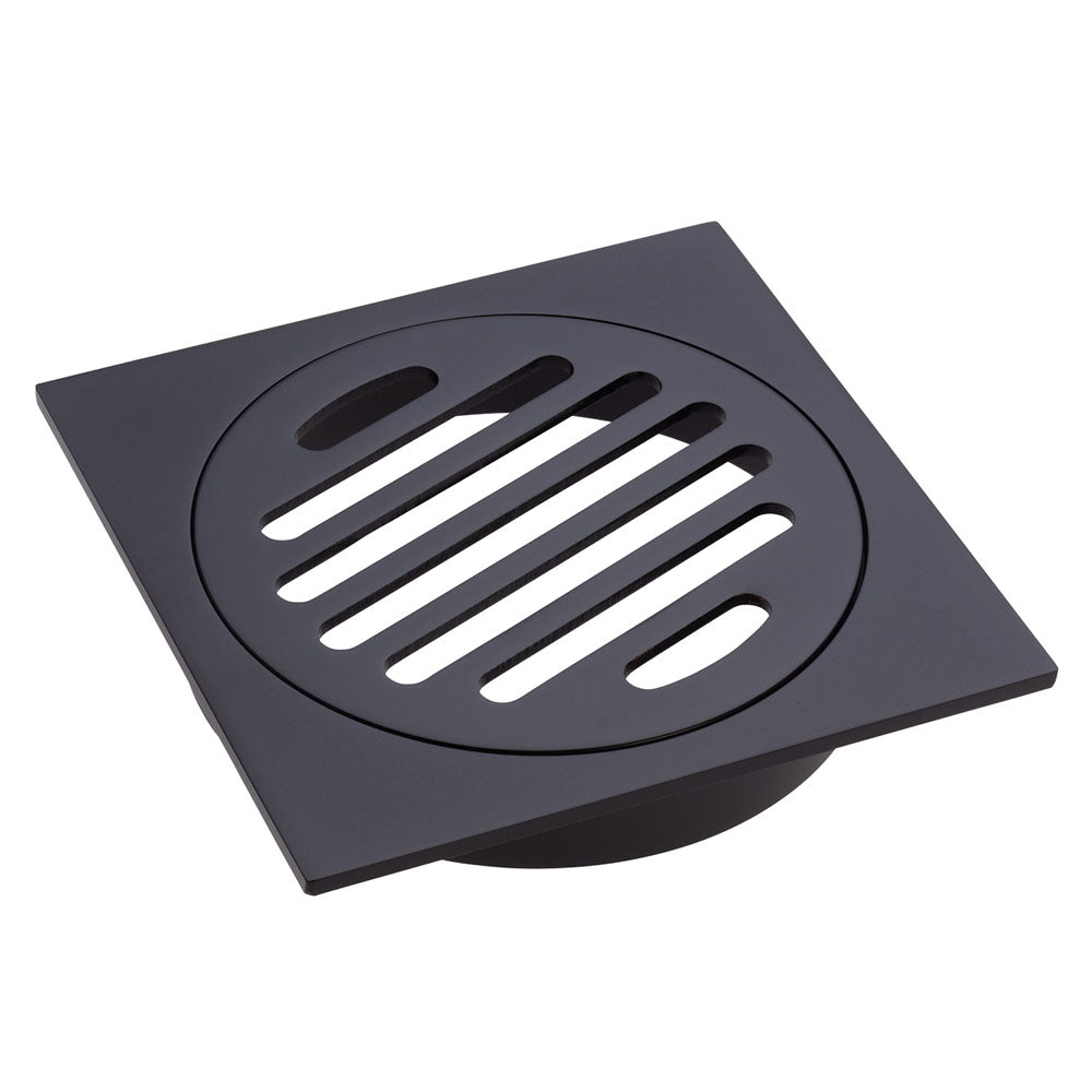 Fienza Square Floor Waste - Round Grate - 100mm Outlet - Matte Black